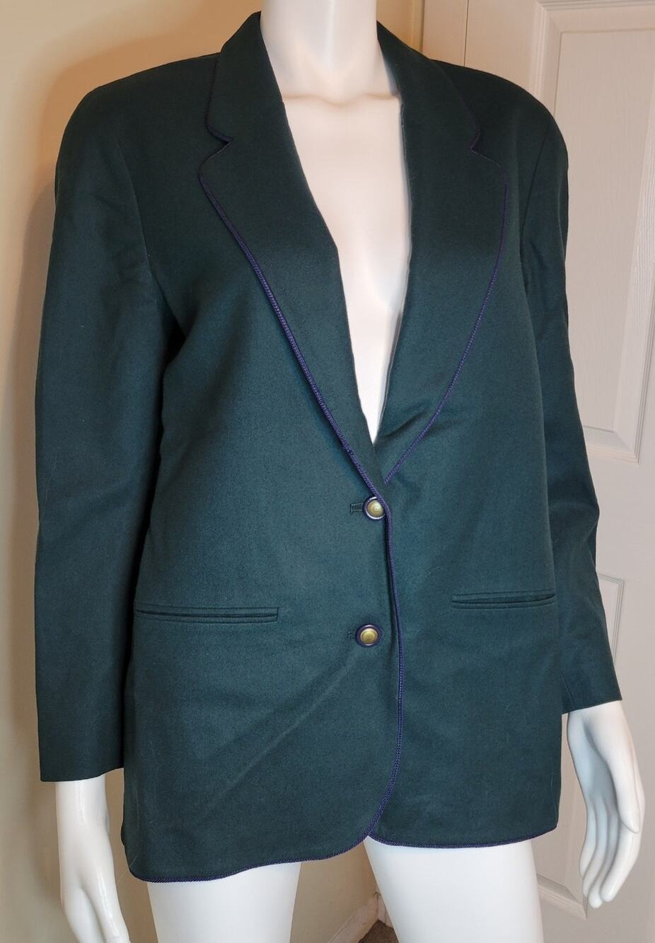 VTG Pendleton 100% Virgin Wool Petite Jacket Blazer Green w/ Navy Piping Sze 10P